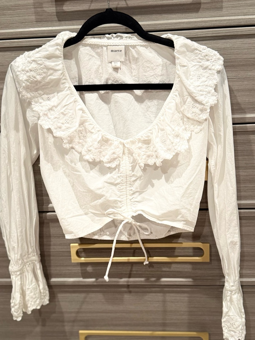 Anthropologie Maeve White Embroidered Collar Drawstring Blouse XXS